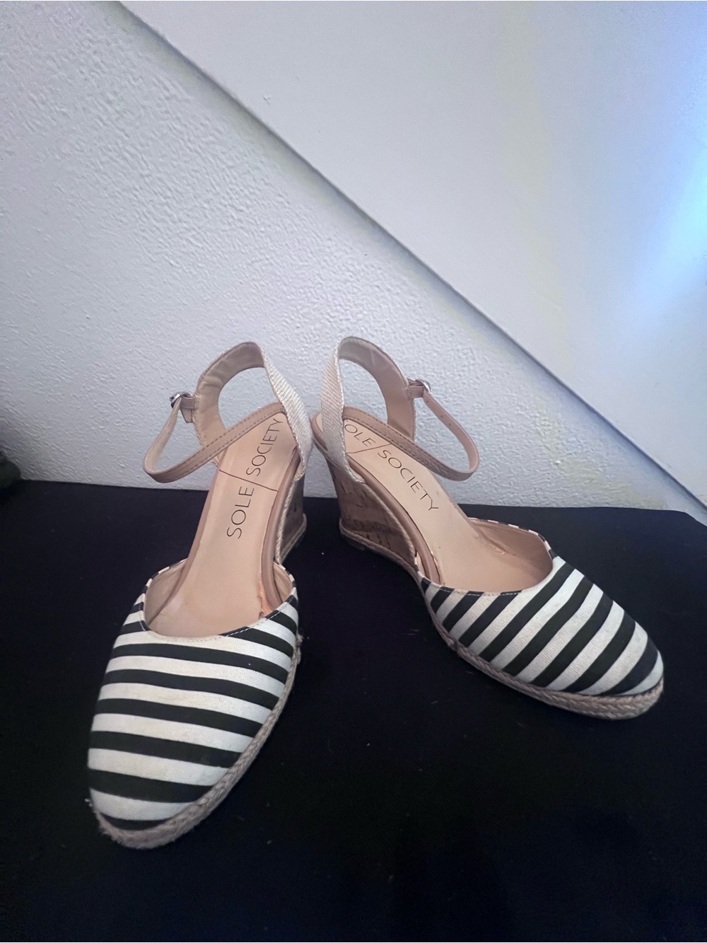 Sole Society Black and White Striped Espadrille Wedges with Neutral Ankle Strap